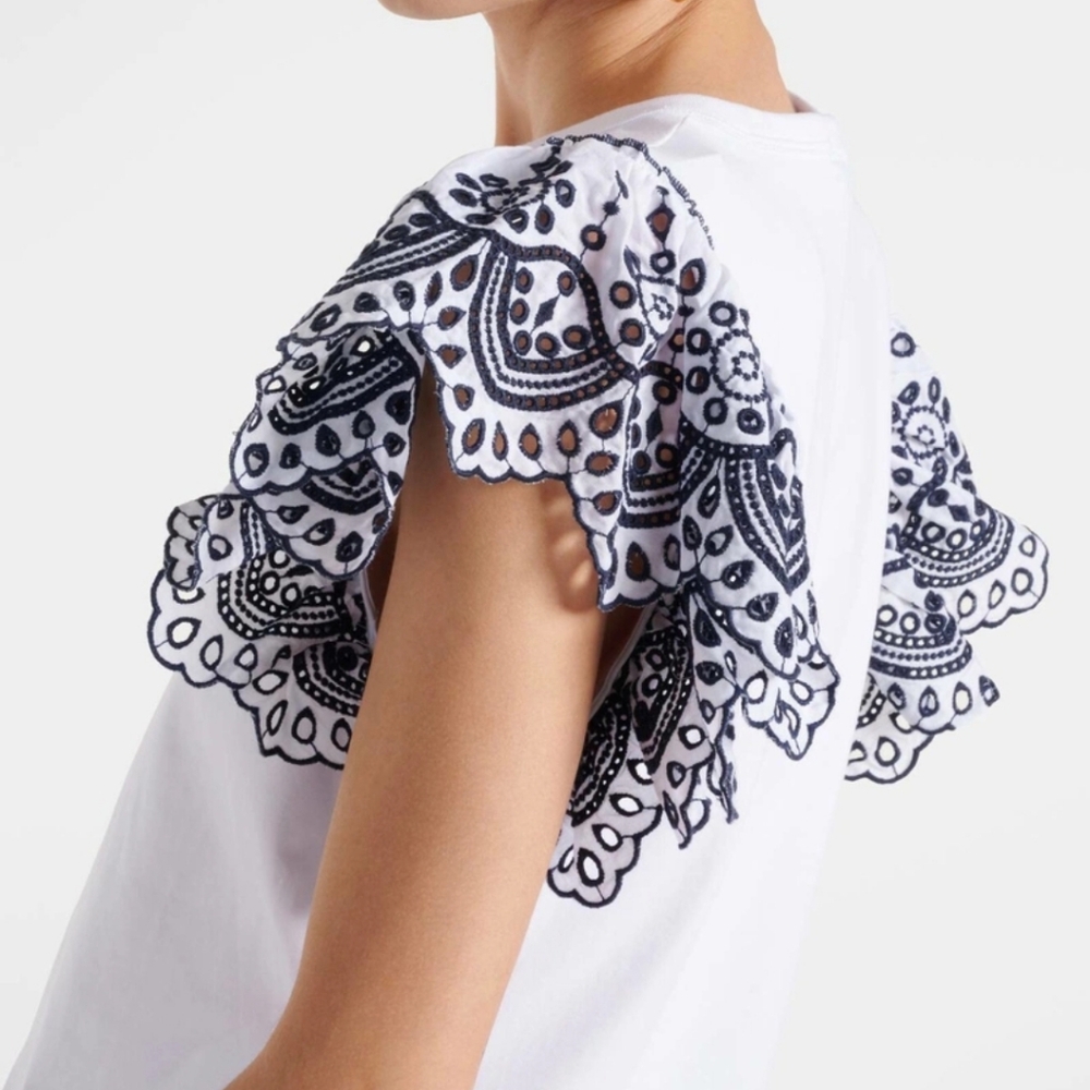 Cupio White Blouse with Black Lace Accents